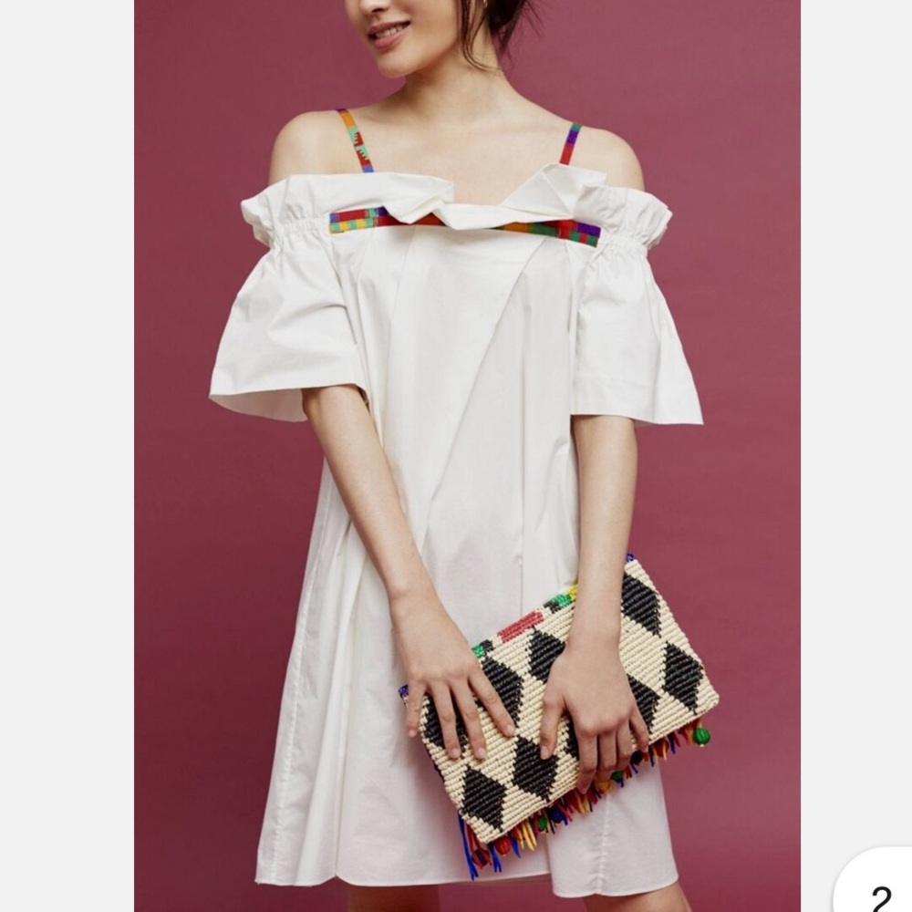 Anthropologie White Off-Shoulder Dress with Multicolor Accents
